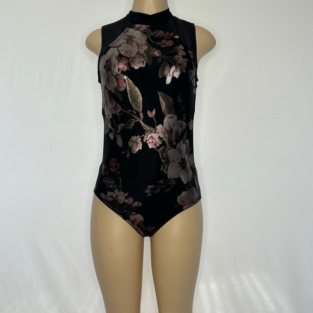 Balera Floral Open Back Bodysuit Medium Black Pink Blossom Print Mesh Dance